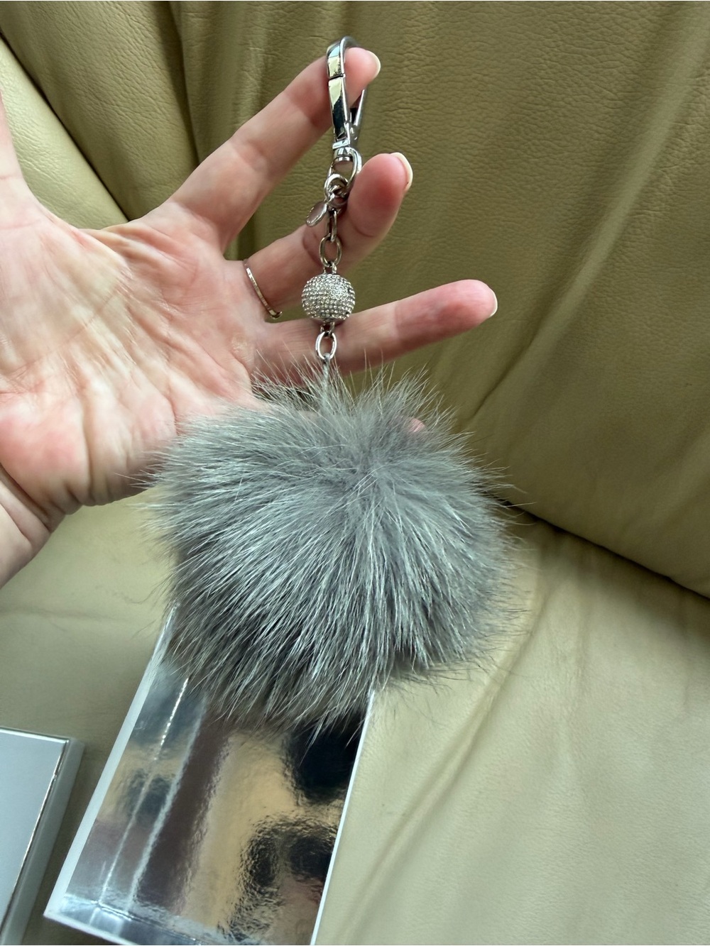 Michael Kors XL Pavé Fur Pom Pom Keychain Bag Charm Pearl Grey New Box Rare Find
